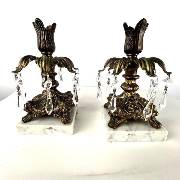 Pair Brass And Marble Acanthus Candlestick Holders with Crystals Italian MCM - Picture 1 of 12